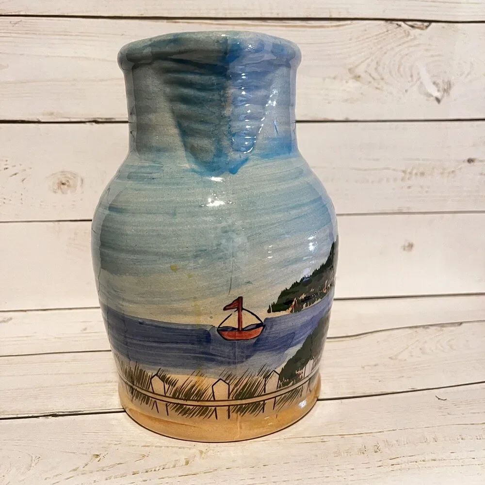 WCL Pottery Jug/Pitcher Painted Nautical Scene Lighthouse Sailboat Coastal 7.75”